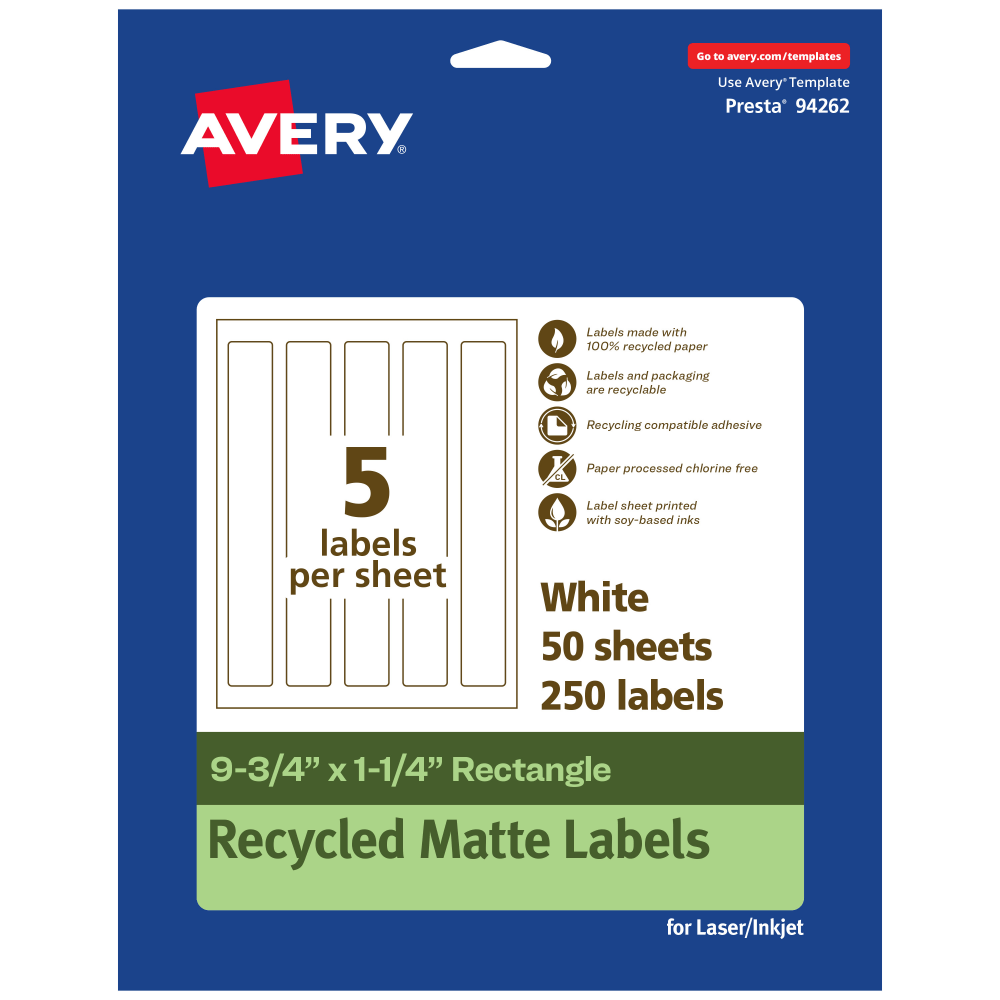 Avery Recycled Paper Labels, 94262-EWMP50, Rectangle, 9-3/4in x 1-1/4in, White, Pack Of 250 MPN:94262-EWMP50