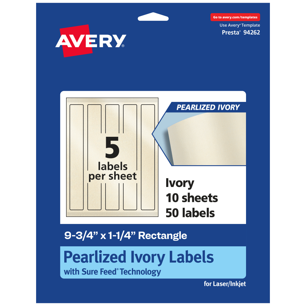 Avery Pearlized Permanent Labels With Sure Feed, 94262-PIP10, Rectangle, 9-3/4in x 1-1/4in, Ivory, Pack Of 50 Labels MPN:94262-PIP10