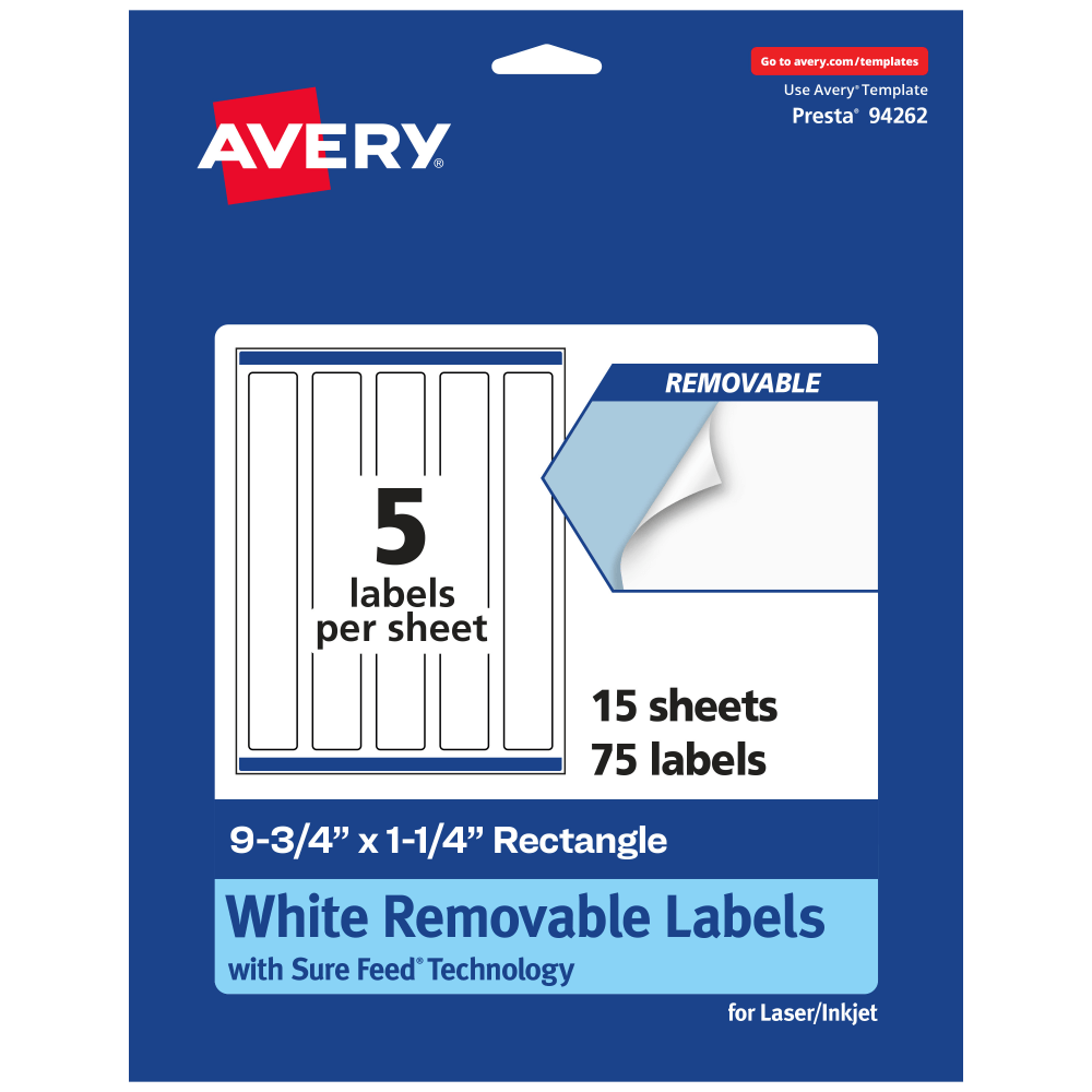 Avery Removable Labels With Sure Feed, 94262-RMP15, Rectangle, 9-3/4in x 1-1/4in, White, Pack Of 75 Labels MPN:94262-RMP15