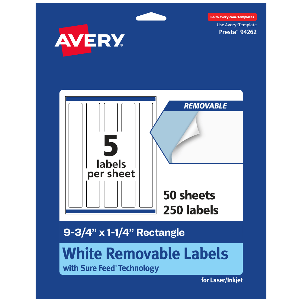 Avery Removable Labels With Sure Feed, 94262-RMP50, Rectangle, 9-3/4in x 1-1/4in, White, Pack Of 250 Labels MPN:94262-RMP50