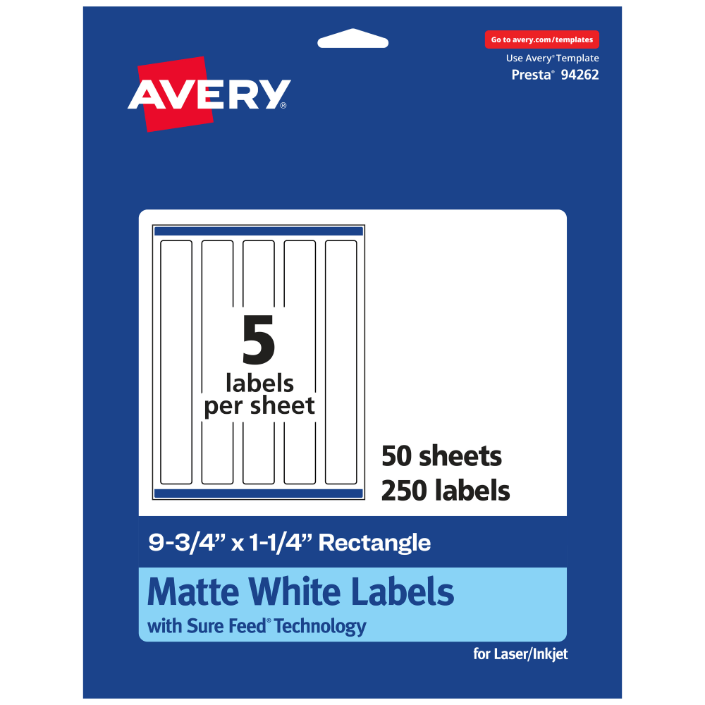 Avery Permanent Labels With Sure Feed, 94262-WMP50, Rectangle, 9-3/4in x 1-1/4in, White, Pack Of 250 MPN:94262-WMP50
