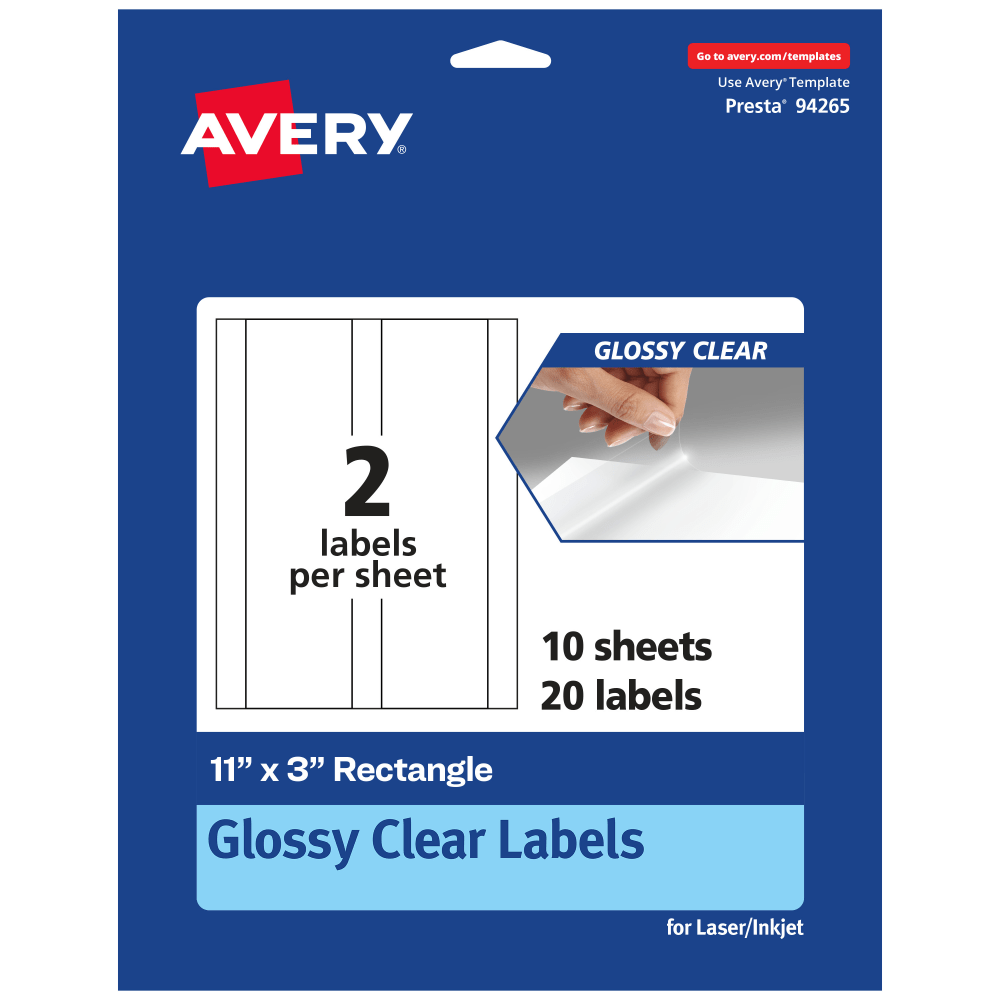 Avery Glossy Permanent Labels, 94265-CGF10, Rectangle, 11in x 3in, Clear, Pack Of 20 MPN:94265-CGF10