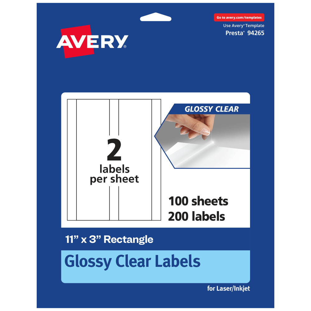 Avery Glossy Permanent Labels, 94265-CGF100, Rectangle, 11in x 3in, Clear, Pack Of 200 MPN:94265-CGF100