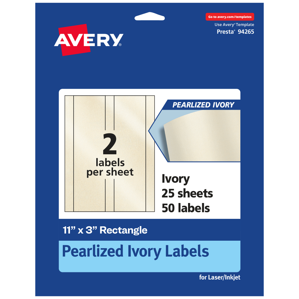 Avery Pearlized Permanent Labels, 94265-PIP25, Rectangle, 11in x 3in, Ivory, Pack Of 50 Labels MPN:94265-PIP25