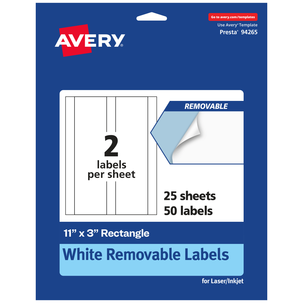 Avery Removable Labels, 94265-RMP25, Rectangle, 11in x 3in, White, Pack Of 50 Labels MPN:94265-RMP25