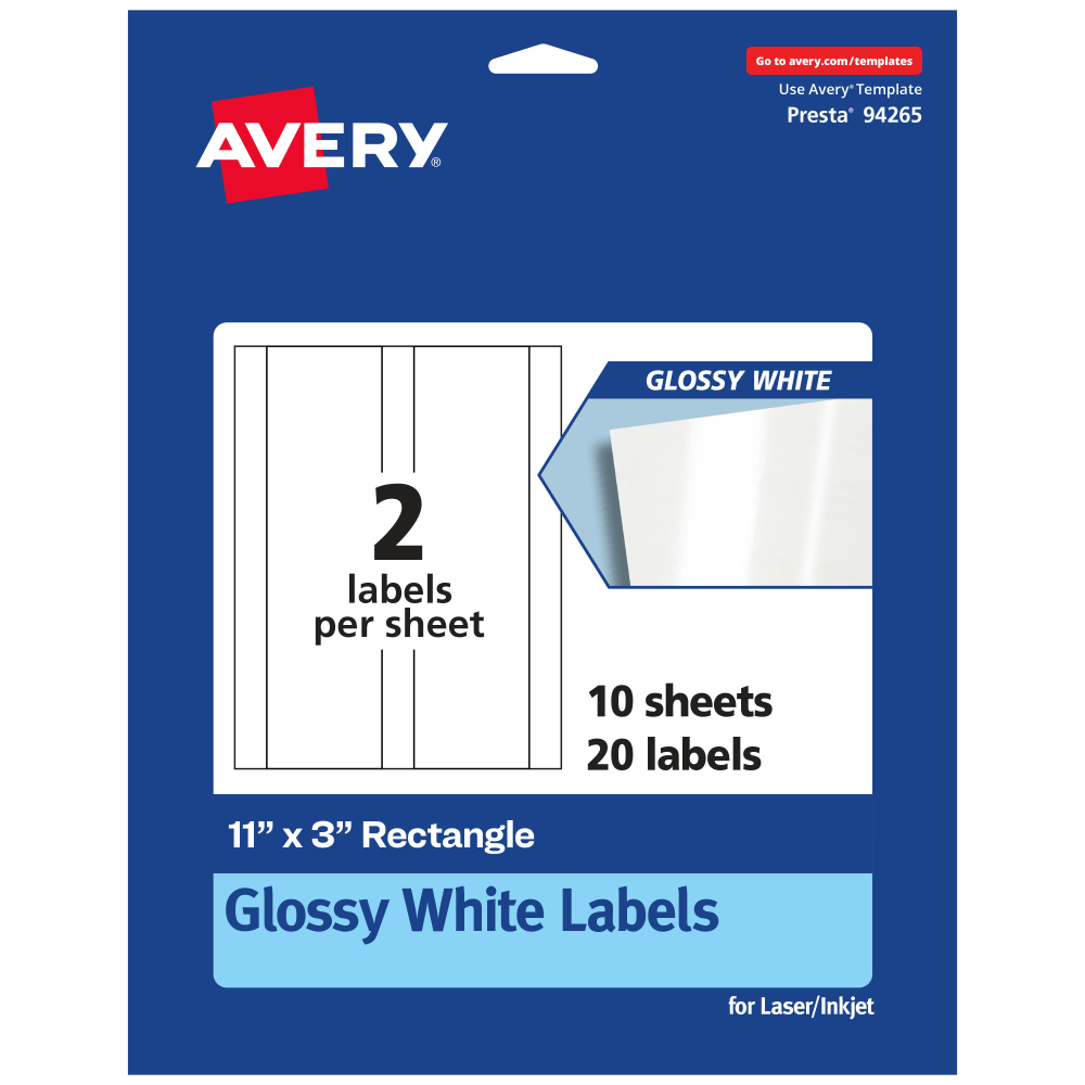 Avery Glossy Permanent Labels, 94265-WGP10, Rectangle, 11in x 3in, White, Pack Of 20 MPN:94265-WGP10