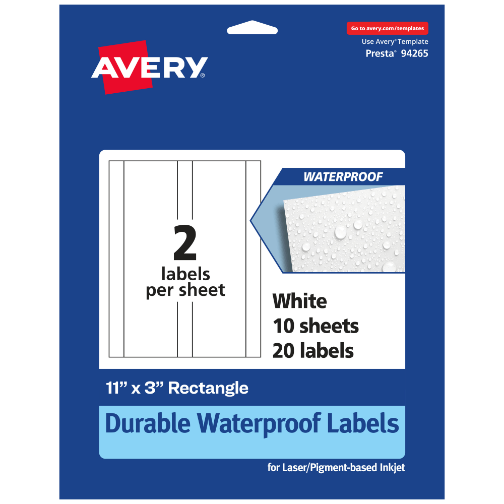 Avery Waterproof Permanent Labels, 94265-WMF10, Rectangle, 11in x 3in, White, Pack Of 20 MPN:94265-WMF10