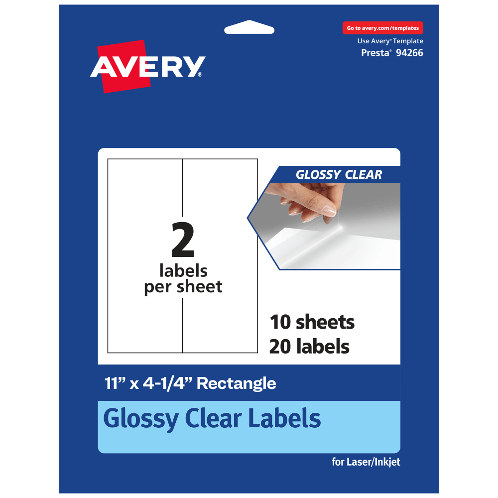 Avery Glossy Permanent Labels, 94266-CGF10, Rectangle, 11in x 4-1/4in, Clear, Pack Of 20 MPN:94266-CGF10