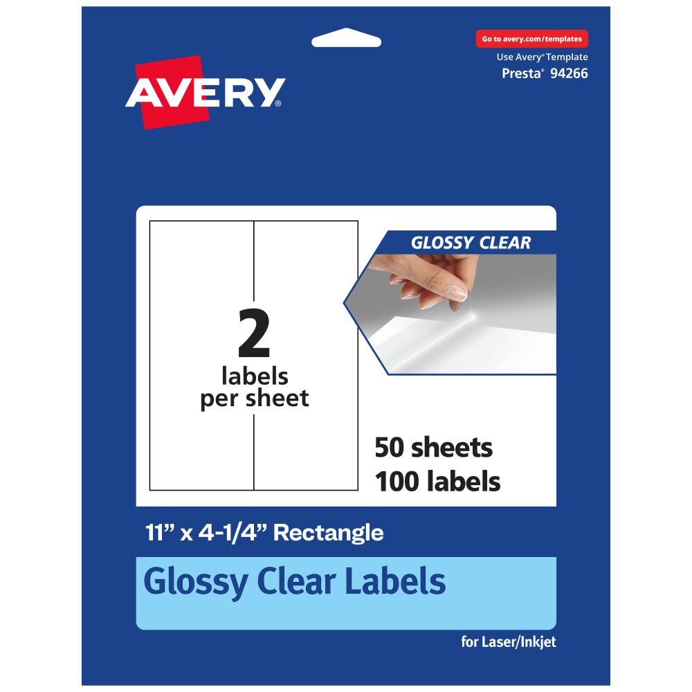 Avery Glossy Permanent Labels, 94266-CGF50, Rectangle, 11in x 4-1/4in, Clear, Pack Of 100 MPN:94266-CGF50