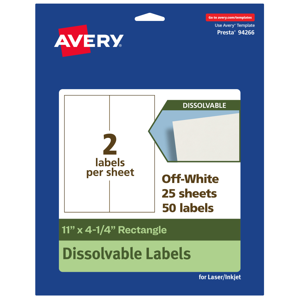 Avery Dissolvable Labels, 94266-DWMP25, Rectangle, 11inx4-1/4in, Matte Off-White, Pack Of 50 MPN:94266-DWMP25