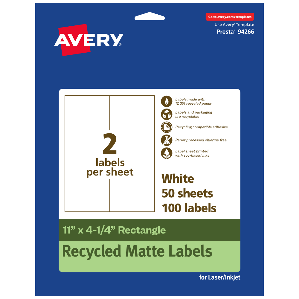 Avery Recycled Paper Labels, 94266-EWMP50, Rectangle, 11in x 4-1/4in, White, Pack Of 100 MPN:94266-EWMP50