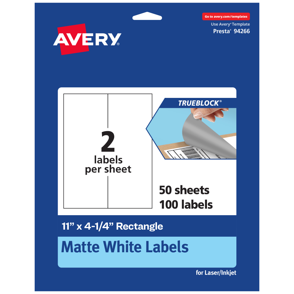 Avery TrueBlock Labels, 94266-TWMP50, Rectangle, 11in x 4-1/4in, Matte White, Pack Of 100 MPN:94266-TWMP50