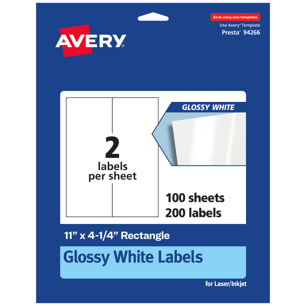 Avery Glossy Permanent Labels, 94266-WGP100, Rectangle, 11in x 4-1/4in, White, Pack Of 200 MPN:94266-WGP100