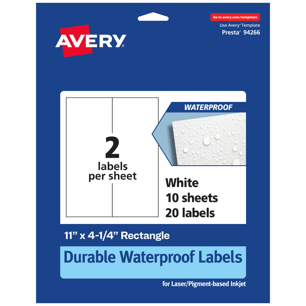 Avery Waterproof Permanent Labels, 94266-WMF10, Rectangle, 11in x 4-1/4in, White, Pack Of 20 MPN:94266-WMF10