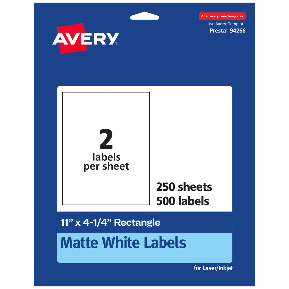 Avery Permanent Labels, 94266-WMP250, Rectangle, 11in x 4-1/4in, White, Pack Of 500 MPN:94266-WMP250