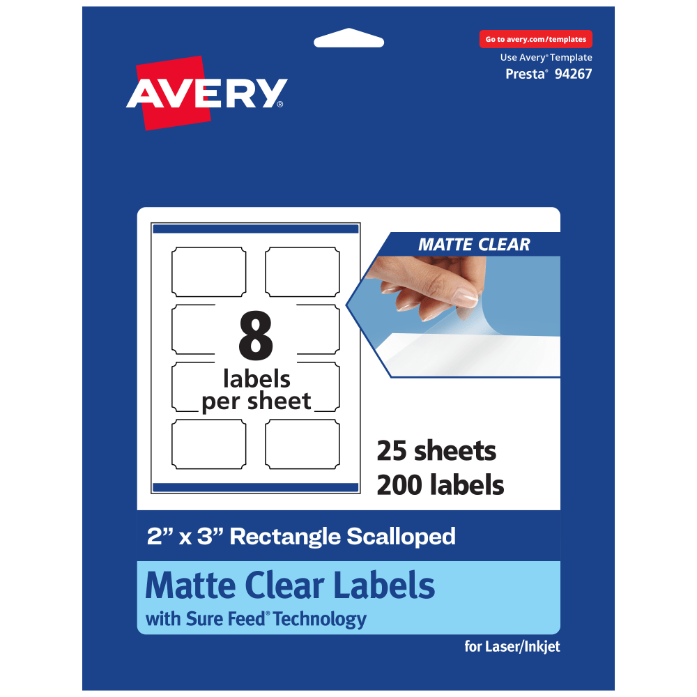 Avery Permanent Labels With Sure Feed, 94267-CMF25, Rectangle Scalloped, 2in x 3in, Matte Clear, Pack Of 200 MPN:94267-CMF25