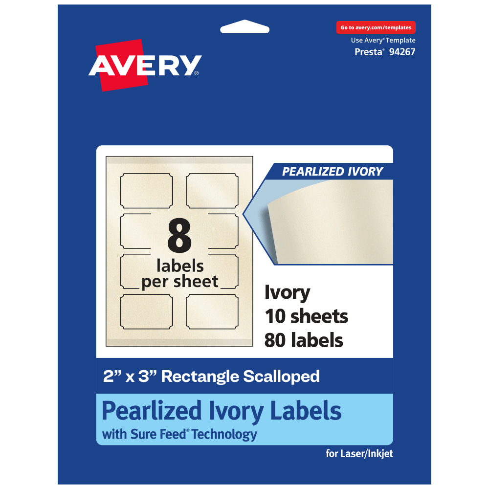 Avery Pearlized Permanent Labels With Sure Feed, 94267-PIP10, Rectangle Scalloped, 2in x 3in, Ivory, Pack Of 80 Labels MPN:94267-PIP10