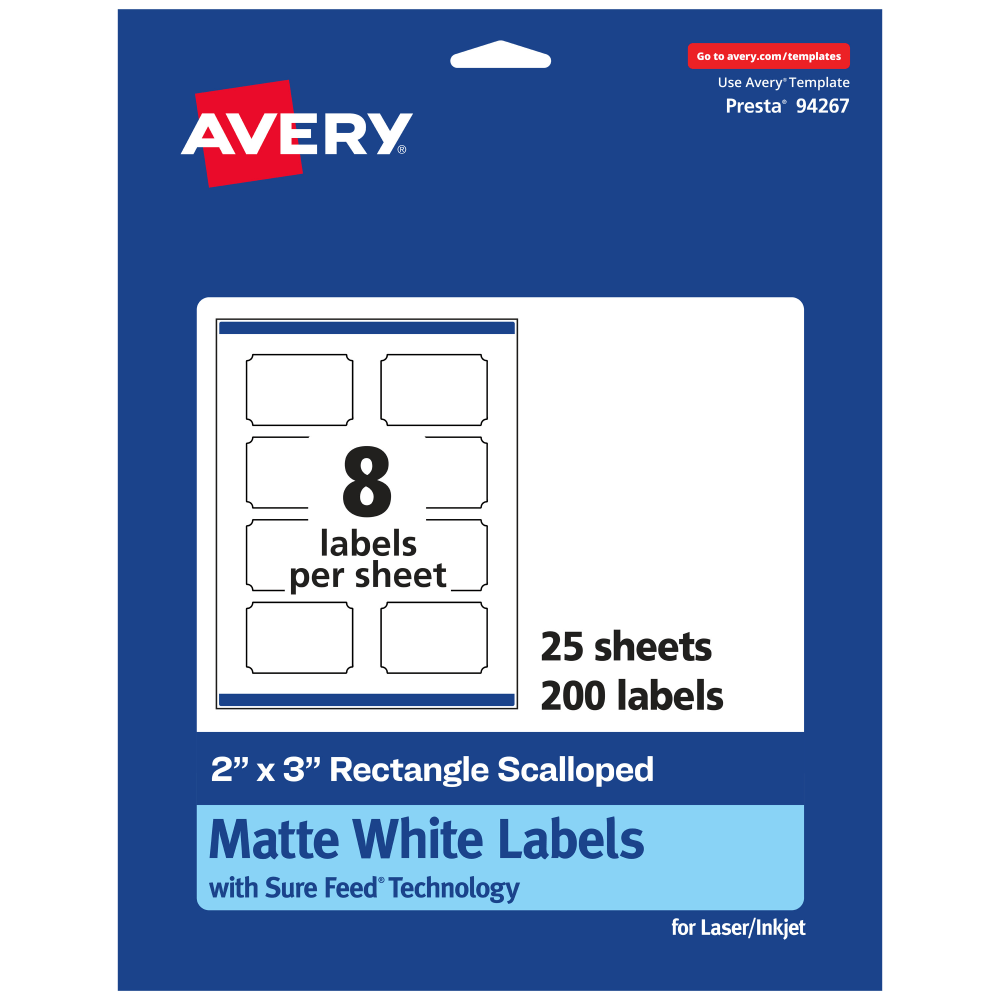 Avery Permanent Labels With Sure Feed, 94267-WMP25, Rectangle Scalloped, 2in x 3in, White, Pack Of 200 MPN:94267-WMP25