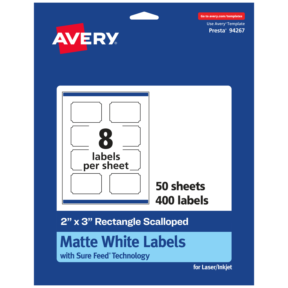 Avery Permanent Labels With Sure Feed, 94267-WMP50, Rectangle Scalloped, 2in x 3in, White, Pack Of 400 MPN:94267-WMP50