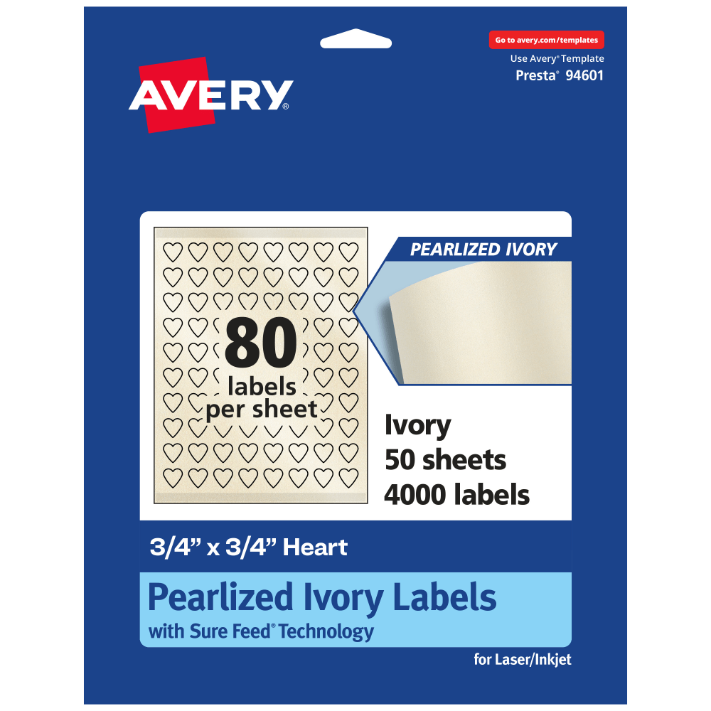 Avery Pearlized Permanent Labels With Sure Feed, 94601-PIP50, Heart, 3/4in x 3/4in, Ivory, Pack Of 4, 000 Labels MPN:94601-PIP50