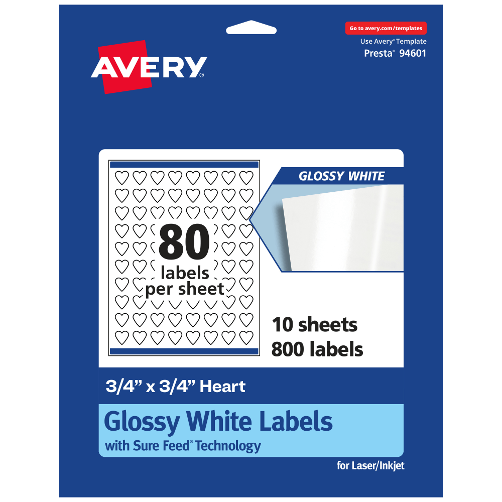 Avery Glossy Permanent Labels With Sure Feed, 94601-WGP10, Heart, 3/4in x 3/4in, White, Pack Of 800 MPN:94601-WGP10