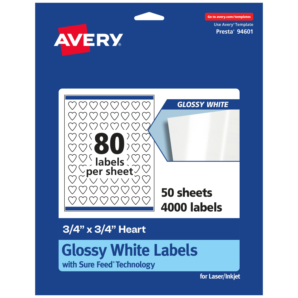 Avery Glossy Permanent Labels With Sure Feed, 94601-WGP50, Heart, 3/4in x 3/4in, White, Pack Of 4, 000 MPN:94601-WGP50