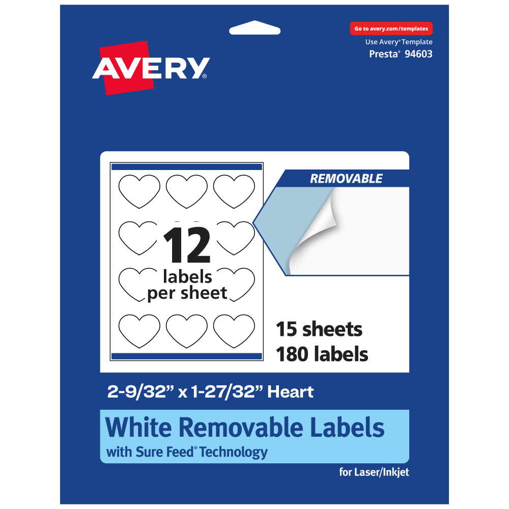 Avery Removable Labels With Sure Feed, 94603-RMP15, Heart, 2-9/32in x 1-27/32in, White, Pack Of 180 Labels MPN:94603-RMP15