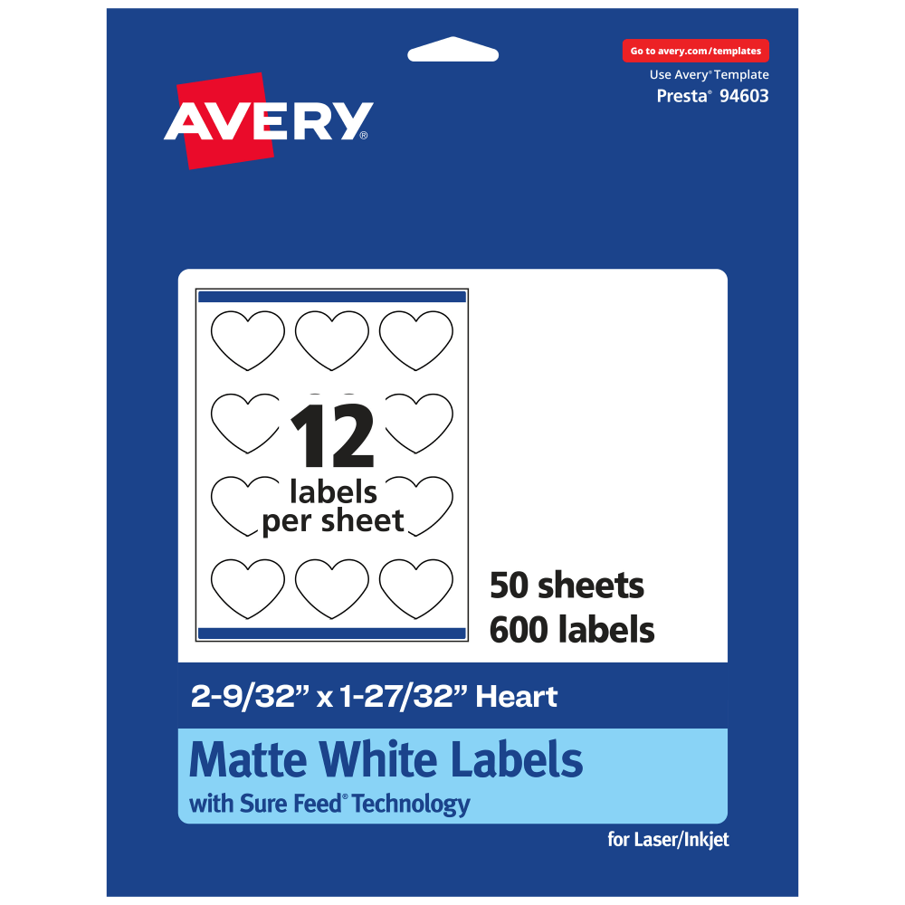 Avery Permanent Labels With Sure Feed, 94603-WMP50, Heart, 2-9/32in x 1-27/32in, White, Pack Of 600 MPN:94603-WMP50