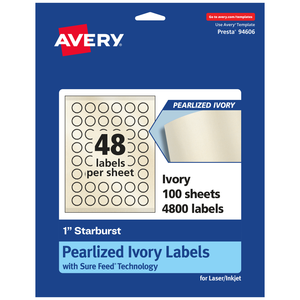 Avery Pearlized Permanent Labels With Sure Feed, 94606-PIP100, Starburst, 1in, Ivory, Pack Of 4, 800 Labels MPN:94606-PIP100