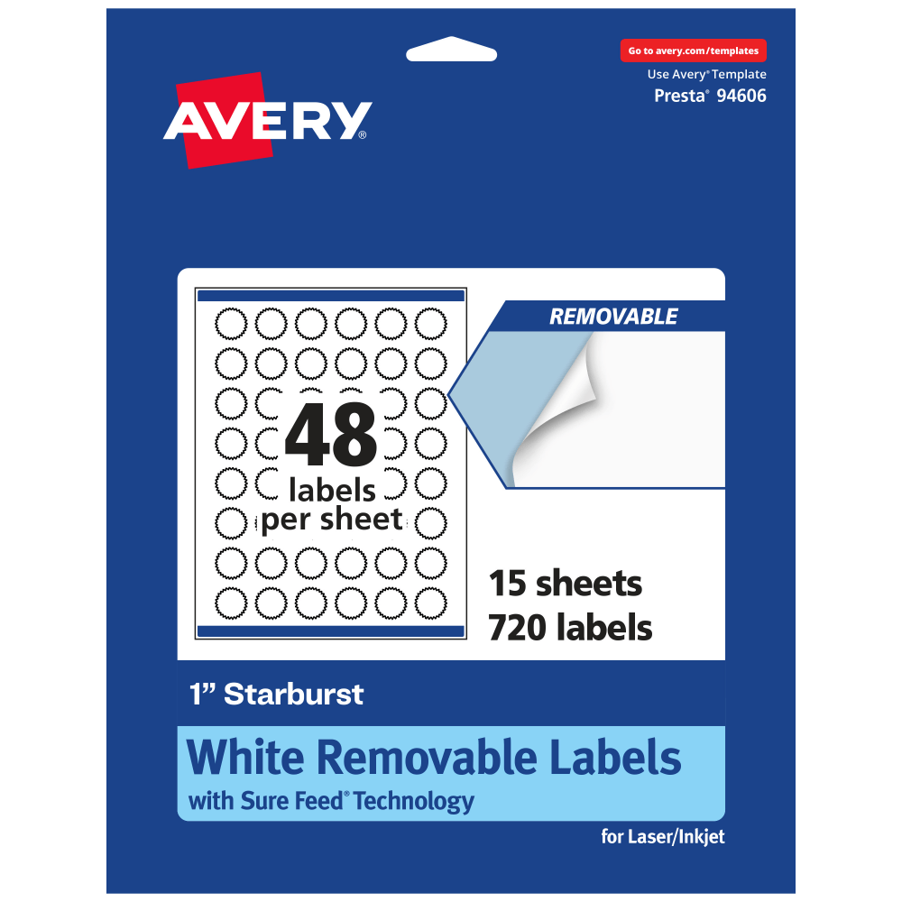 Avery Removable Labels With Sure Feed, 94606-RMP15, Starburst, 1in, White, Pack Of 720 Labels MPN:94606-RMP15