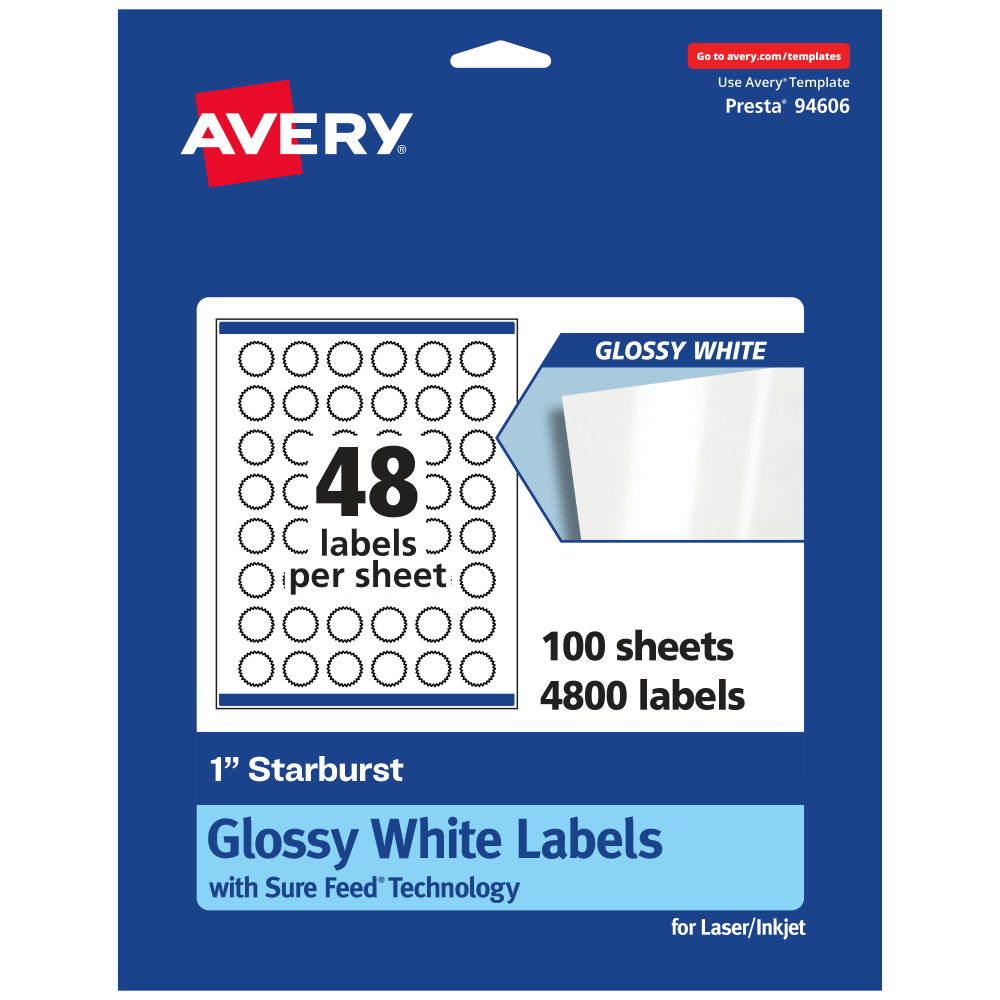 Avery Glossy Permanent Labels With Sure Feed, 94606-WGP100, Starburst, 1in, White, Pack Of 4, 800 MPN:94606-WGP100