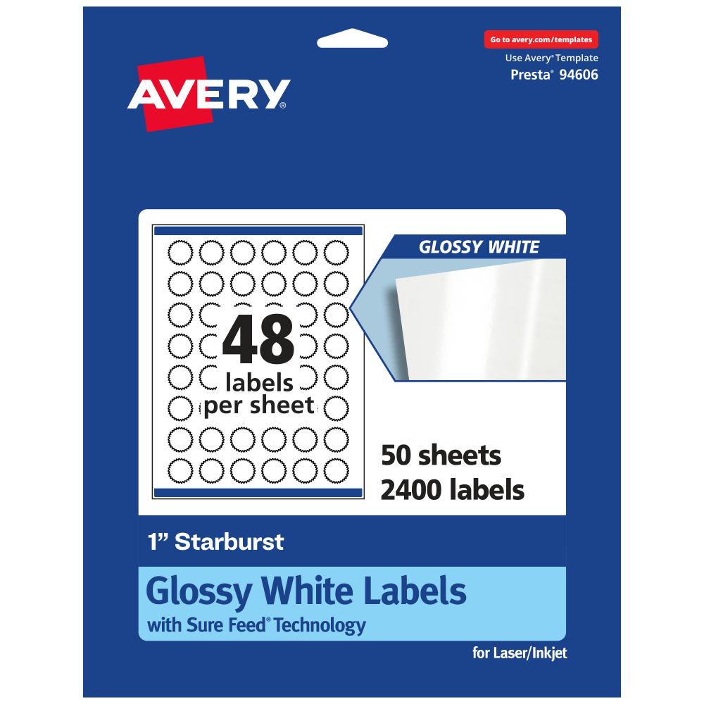 Avery Glossy Permanent Labels With Sure Feed, 94606-WGP50, Starburst, 1in, White, Pack Of 2, 400 MPN:94606-WGP50