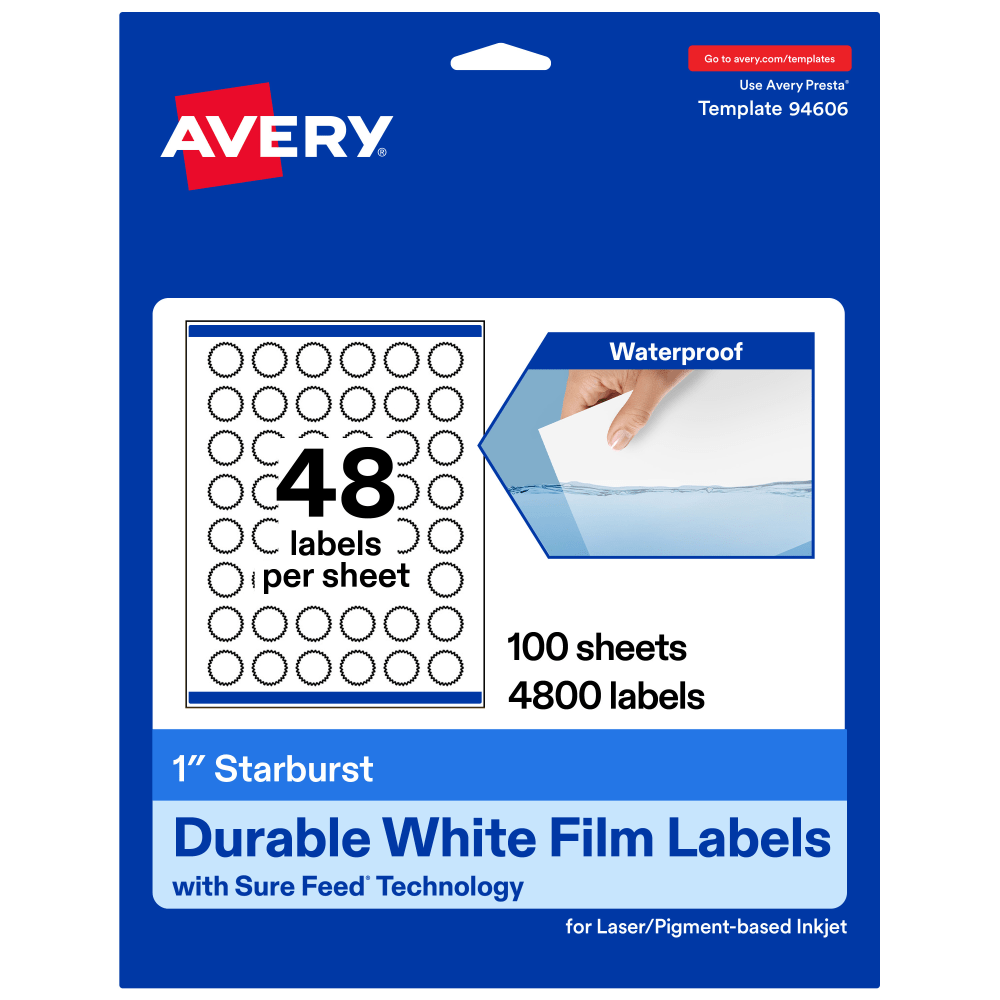 Avery Waterproof Permanent Labels With Sure Feed, 94606-WMF100, Starburst, 1in, White, Pack Of 4, 800 MPN:94606-WMF100