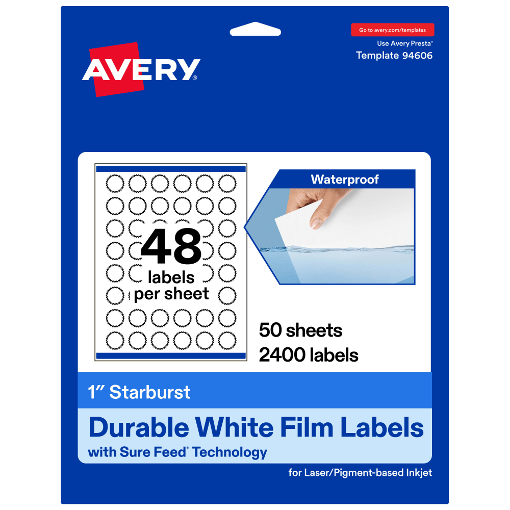 Avery Waterproof Permanent Labels With Sure Feed, 94606-WMF50, Starburst, 1in, White, Pack Of 2, 400 MPN:94606-WMF50