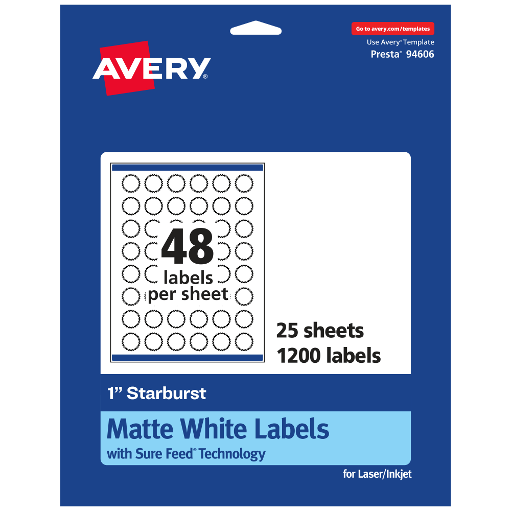 Avery Permanent Labels With Sure Feed, 94606-WMP25, Starburst, 1in, White, Pack Of 1, 200 MPN:94606-WMP25
