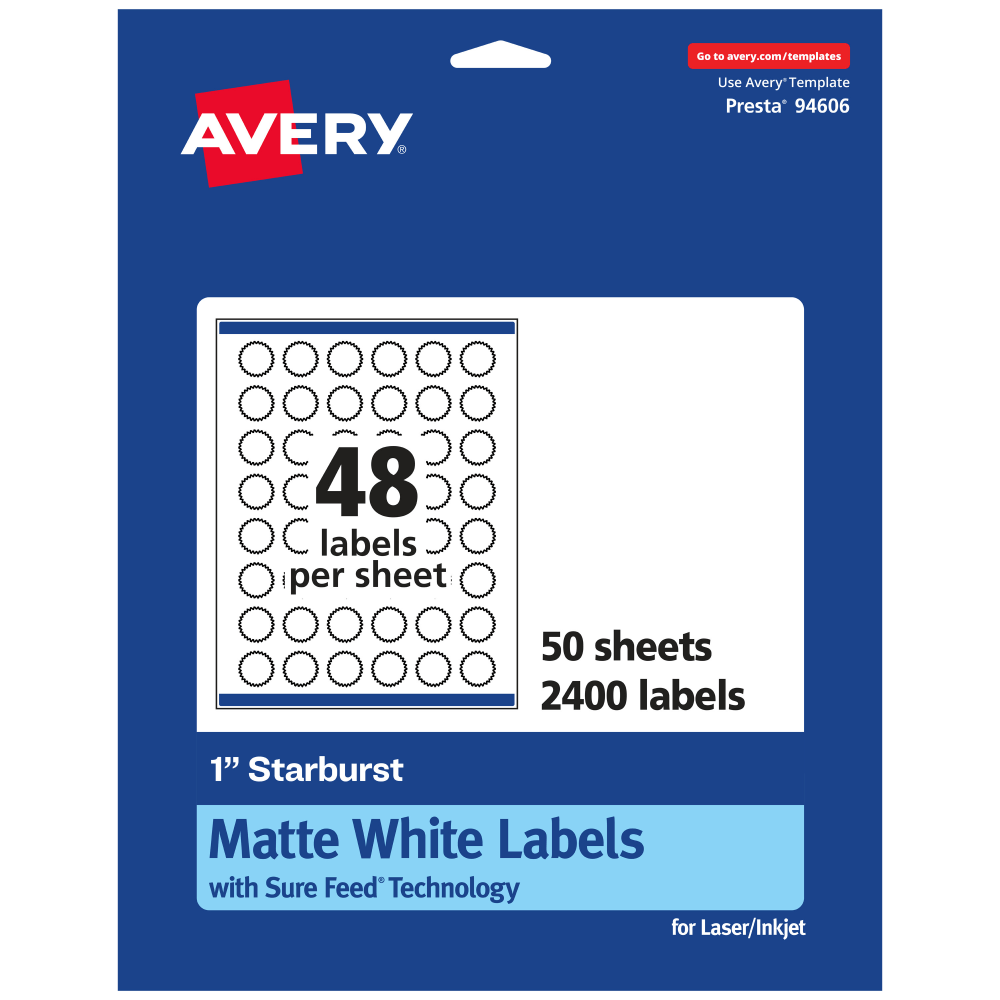 Avery Permanent Labels With Sure Feed, 94606-WMP50, Starburst, 1in, White, Pack Of 2, 400 MPN:94606-WMP50