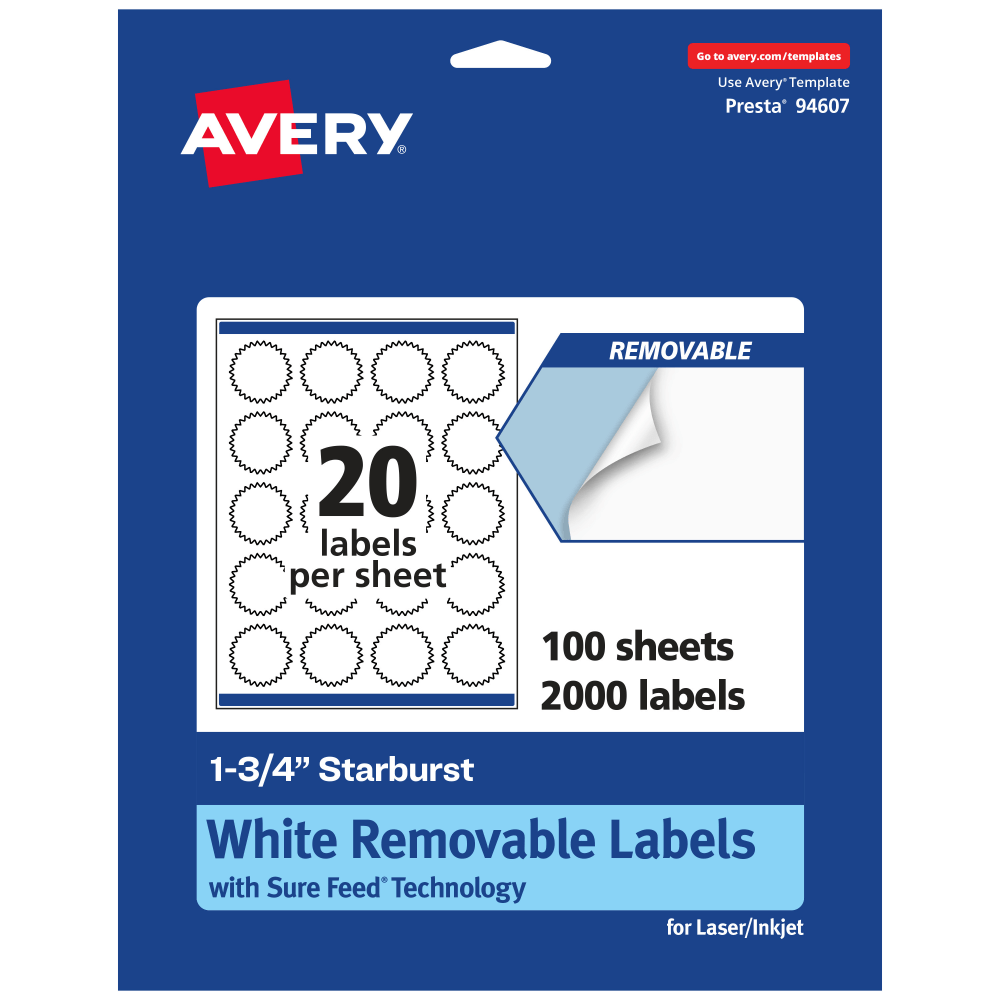 Avery Removable Labels With Sure Feed, 94607-RMP100, Starburst, 1-3/4in, White, Pack Of 2, 000 Labels MPN:94607-RMP100