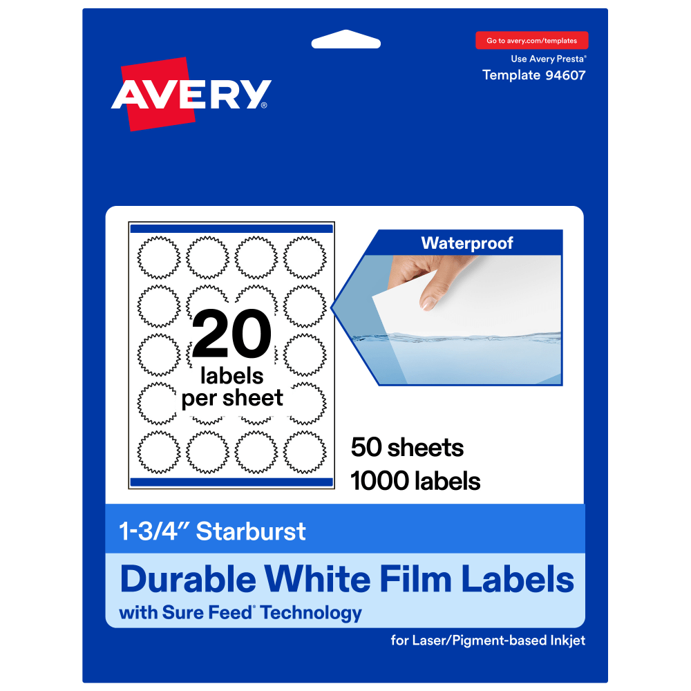 Avery Waterproof Permanent Labels With Sure Feed, 94607-WMF50, Starburst, 1-3/4in, White, Pack Of 1, 000 MPN:94607-WMF50
