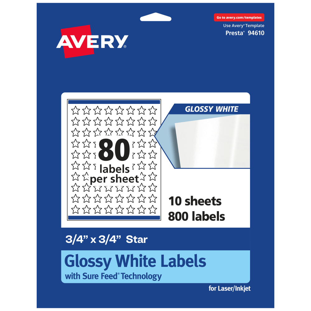 Avery Glossy Permanent Labels With Sure Feed, 94610-WGP10, Star, 3/4in x 3/4in, White, Pack Of 800 MPN:94610-WGP10