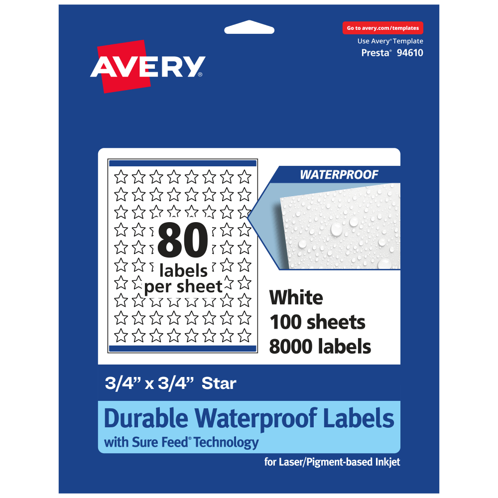 Avery Waterproof Permanent Labels With Sure Feed, 94610-WMF100, Star, 3/4in x 3/4in, White, Pack Of 8, 000 MPN:94610-WMF100