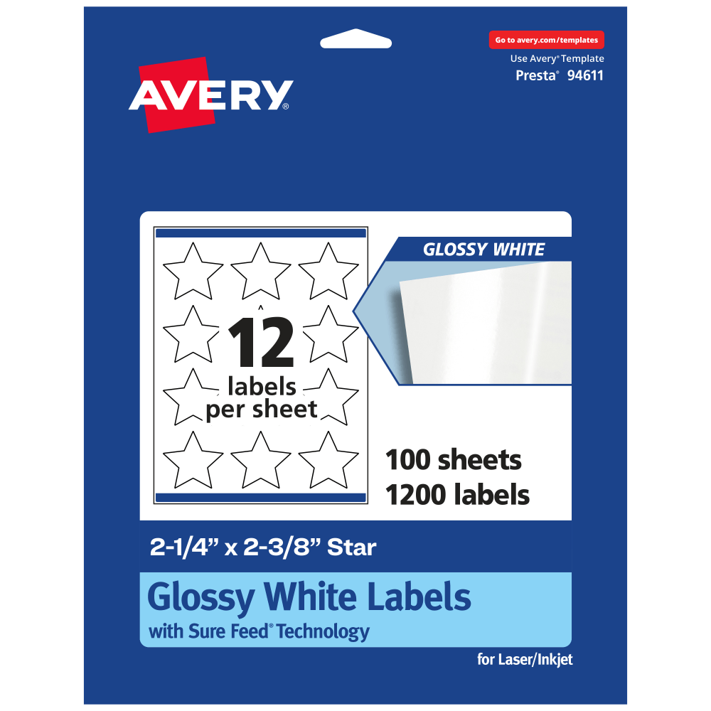 Avery Glossy Permanent Labels With Sure Feed, 94611-WGP100, Star, 2-1/4in x 2-3/8in, White, Pack Of 1, 200 MPN:94611-WGP100