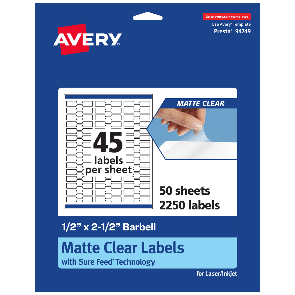 Avery Permanent Labels With Sure Feed, 94749-CMF50, Barbell, 1/2in x 2-1/2in, Matte Clear, Pack Of 2, 250 MPN:94749-CMF50