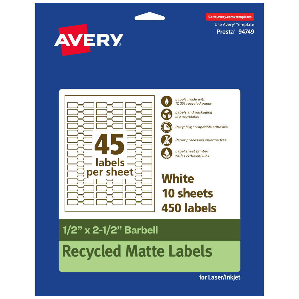 Avery Recycled Paper Labels, 94749-EWMP10, Barbell, 1/2in x 2-1/2in, White, Pack Of 450 MPN:94749-EWMP10