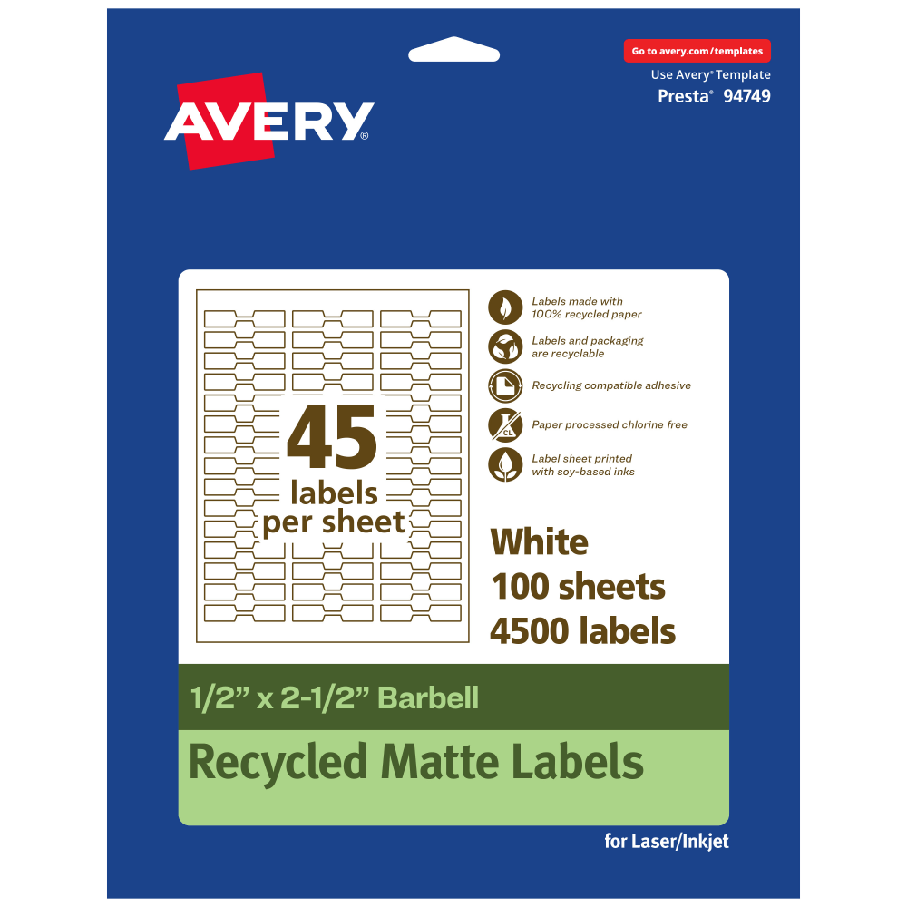 Avery Recycled Paper Labels, 94749-EWMP100, Barbell, 1/2in x 2-1/2in, White, Pack Of 4500 MPN:94749-EWMP100