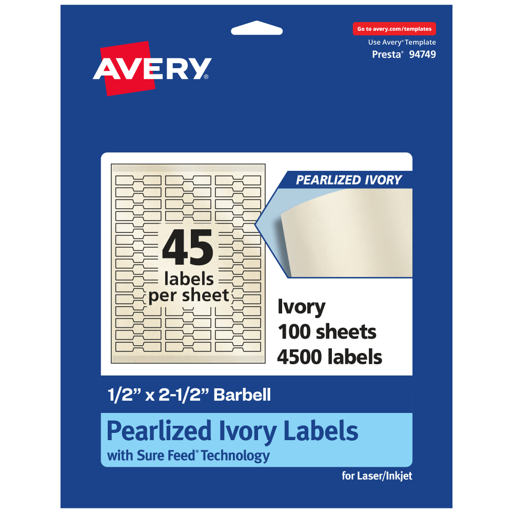 Avery Pearlized Permanent Labels With Sure Feed, 94749-PIP100, Barbell, 1/2in x 2-1/2in, Ivory, Pack Of 4, 500 Labels MPN:94749-PIP100