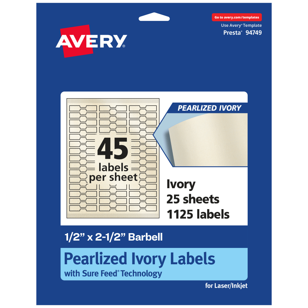 Avery Pearlized Permanent Labels With Sure Feed, 94749-PIP25, Barbell, 1/2in x 2-1/2in, Ivory, Pack Of 1, 125 Labels MPN:94749-PIP25