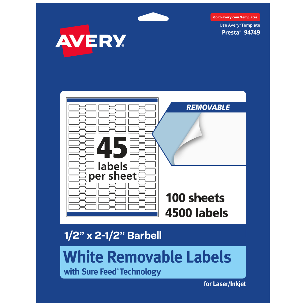 Avery Removable Labels With Sure Feed, 94749-RMP100, Barbell, 1/2in x 2-1/2in, White, Pack Of 4, 500 Labels MPN:94749-RMP100