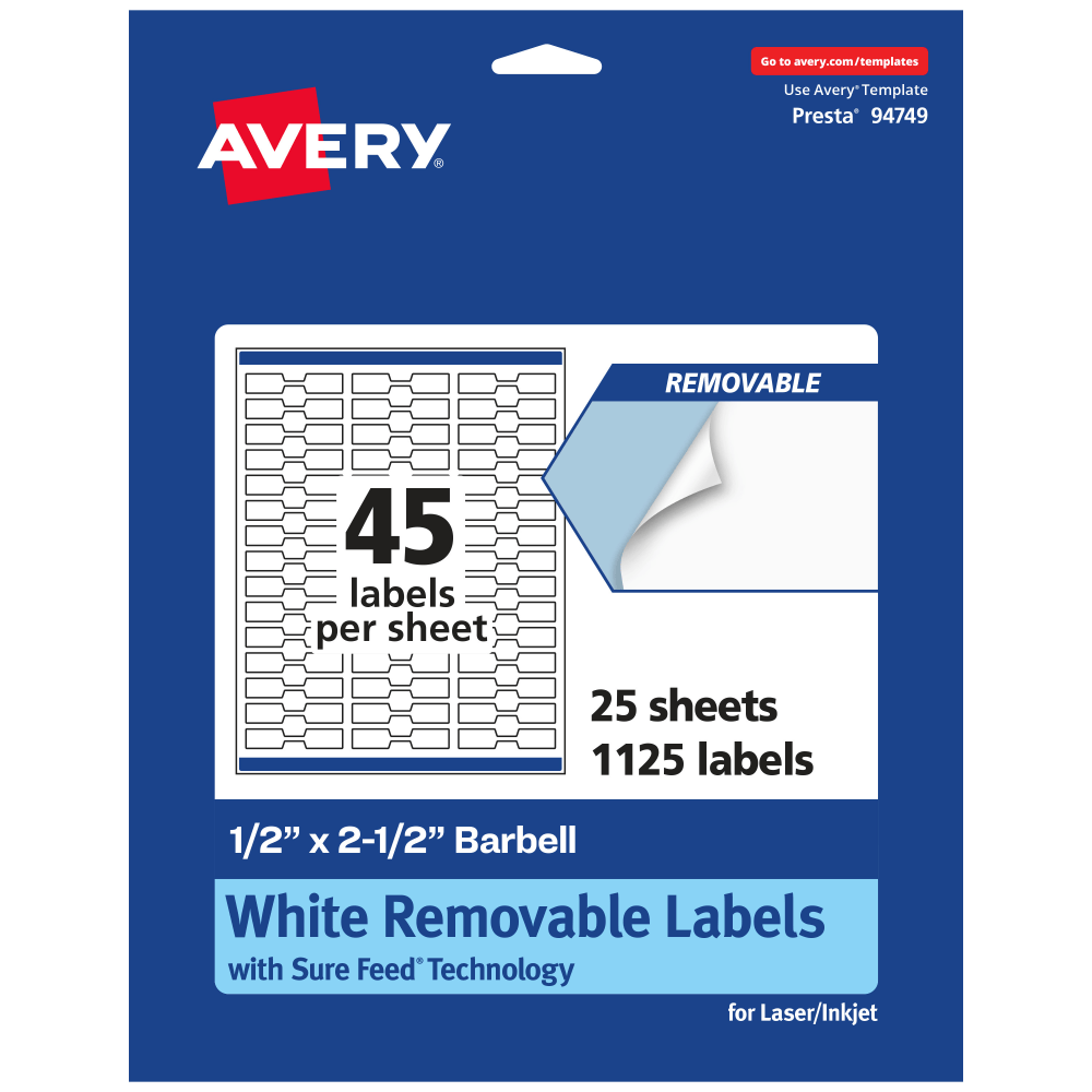 Avery Removable Labels With Sure Feed, 94749-RMP25, Barbell, 1/2in x 2-1/2in, White, Pack Of 1, 125 Labels MPN:94749-RMP25