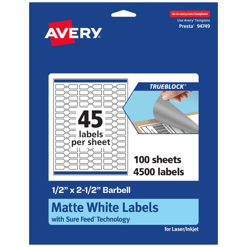 Avery TrueBlock Labels With Sure Feed, 94749-TWMP100, Barbell, 1/2in x 2-1/2in, Matte White, Pack Of 4500 MPN:94749-TWMP100