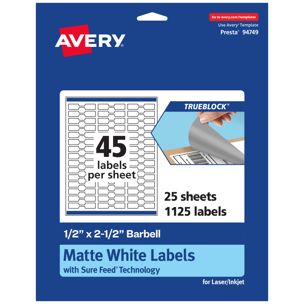 Avery TrueBlock Labels With Sure Feed, 94749-TWMP25, Barbell, 1/2in x 2-1/2in, Matte White, Pack Of 1125 MPN:94749-TWMP25